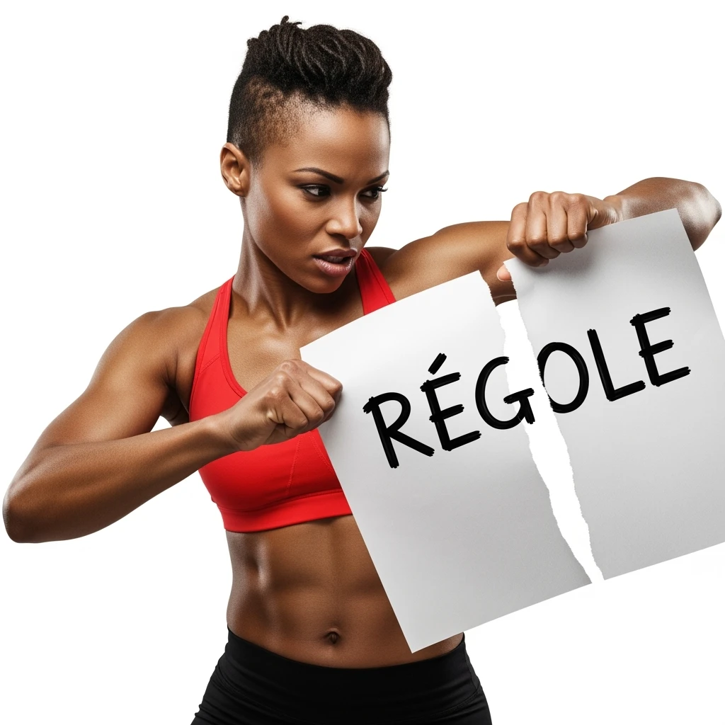 DONNA FITNESS CHE STRAPPA UN FOGLIO CON LA SCRITTA "REGOLE", IPERREALISTICA 4K, SENZA SFONDO emoji