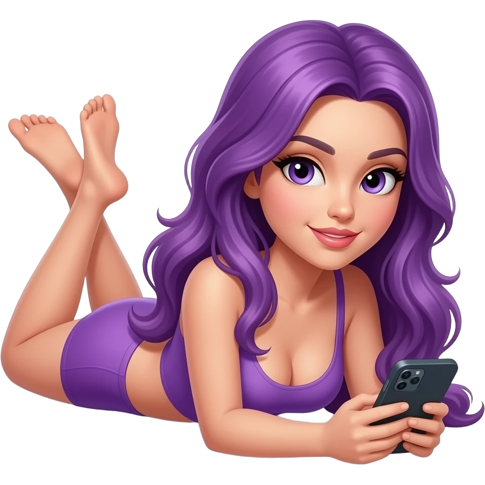 sexy girl with long purple hair is lying on the floor with a cell phone in her hands emoji