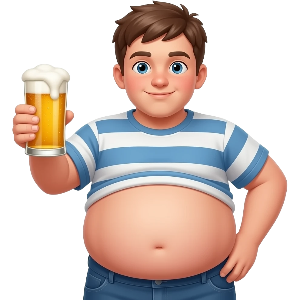 Zrób chłopak 13 latek z piwny brzuchem kształt jak piłka twarty brzuch i bardzo ogromny brzuch i trzyma piwo emoji