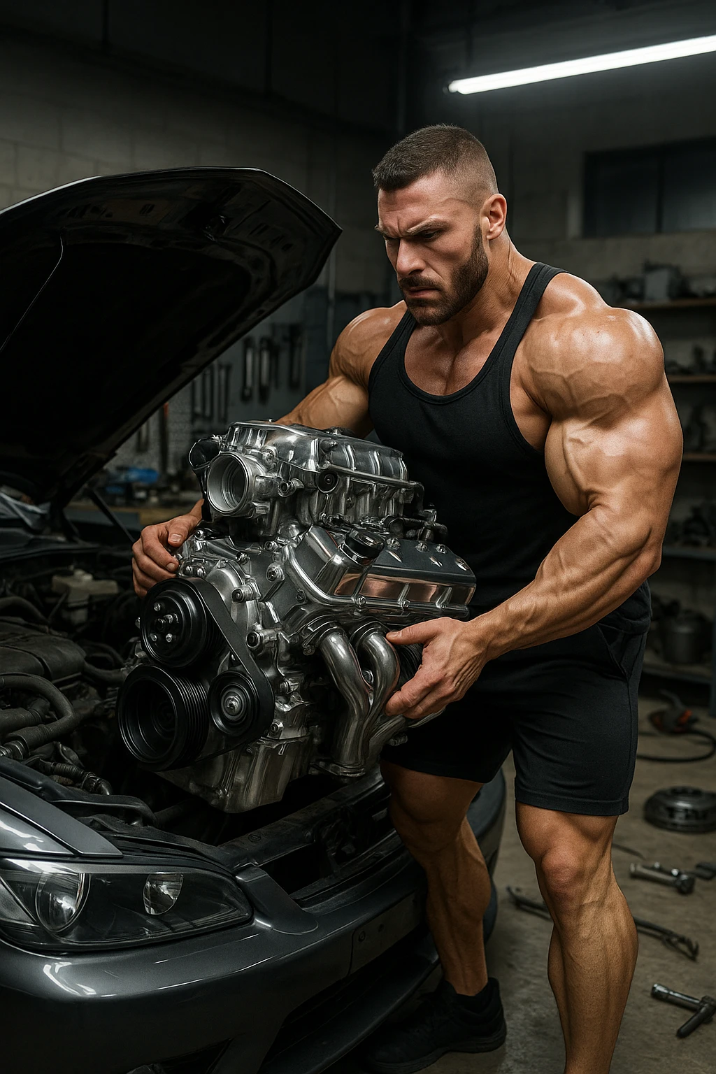 a muscular bodybuilder in gym attire stands next to a car with the hood open, lifting a large, shiny, high-performance engine with ease. His expression is focused and determined as he installs the new engine. The background is a modern garage, with tools and car parts scattered around, emphasizing strength and mechanical skill. emoji