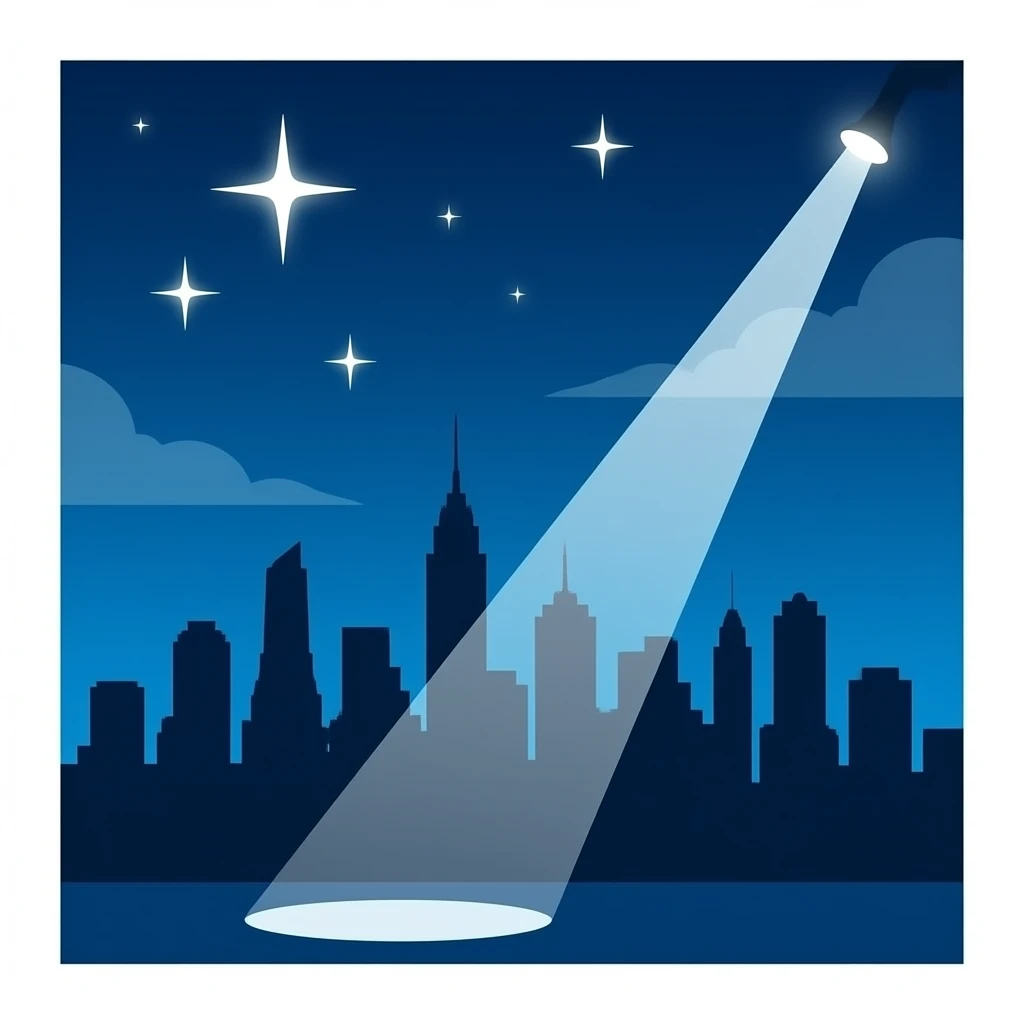 Dark city skyline silhouette, spotlight beam shooting upward from ground into night sky, Southern Cross stars glowing in clouds above, viewed from side, dramatic angle, deep blue, cartoon style emoji