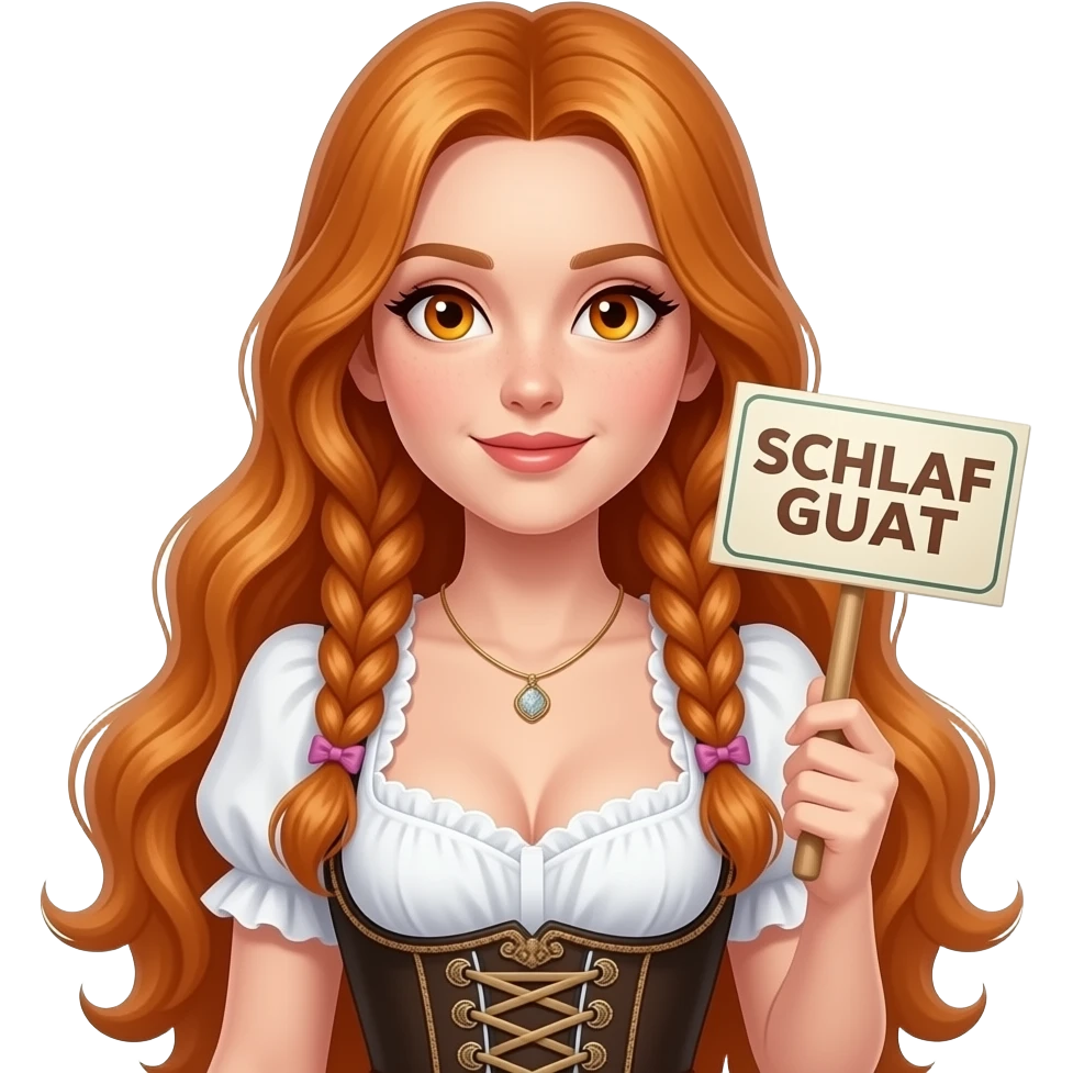 sexy girl with overlong ginger hair in braids and ginger eyes wearing a dirndl holding a SCHLAF GUAT sign emoji