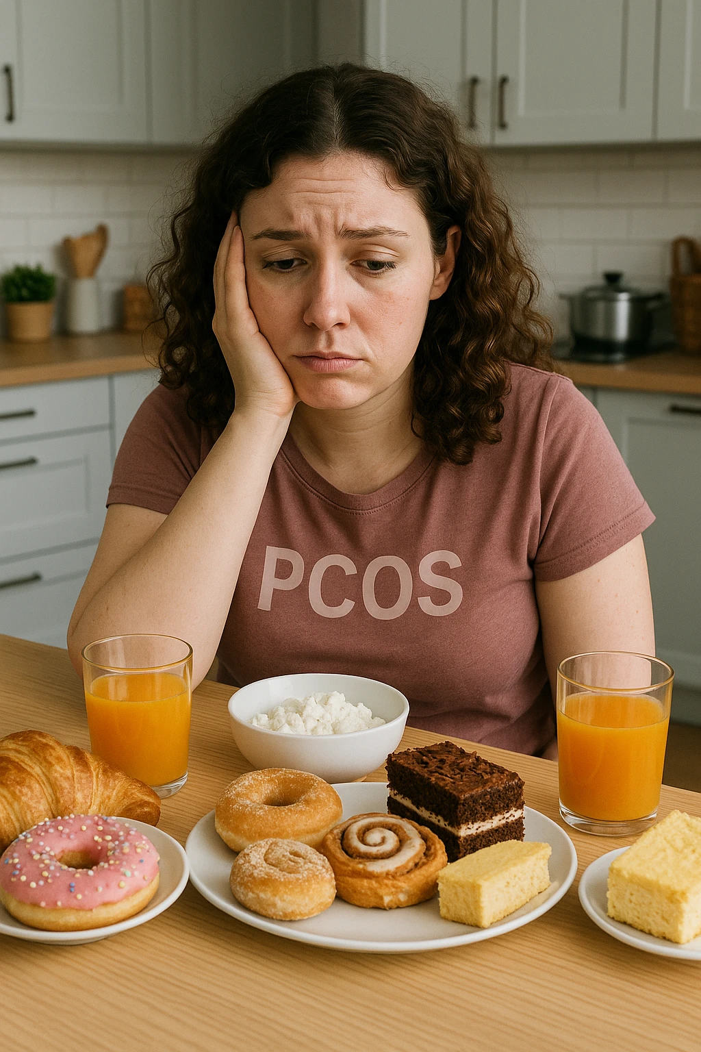 Donna con pcos, con colazione sbilanciata ricca di zuccheri e con poche proteine emoji