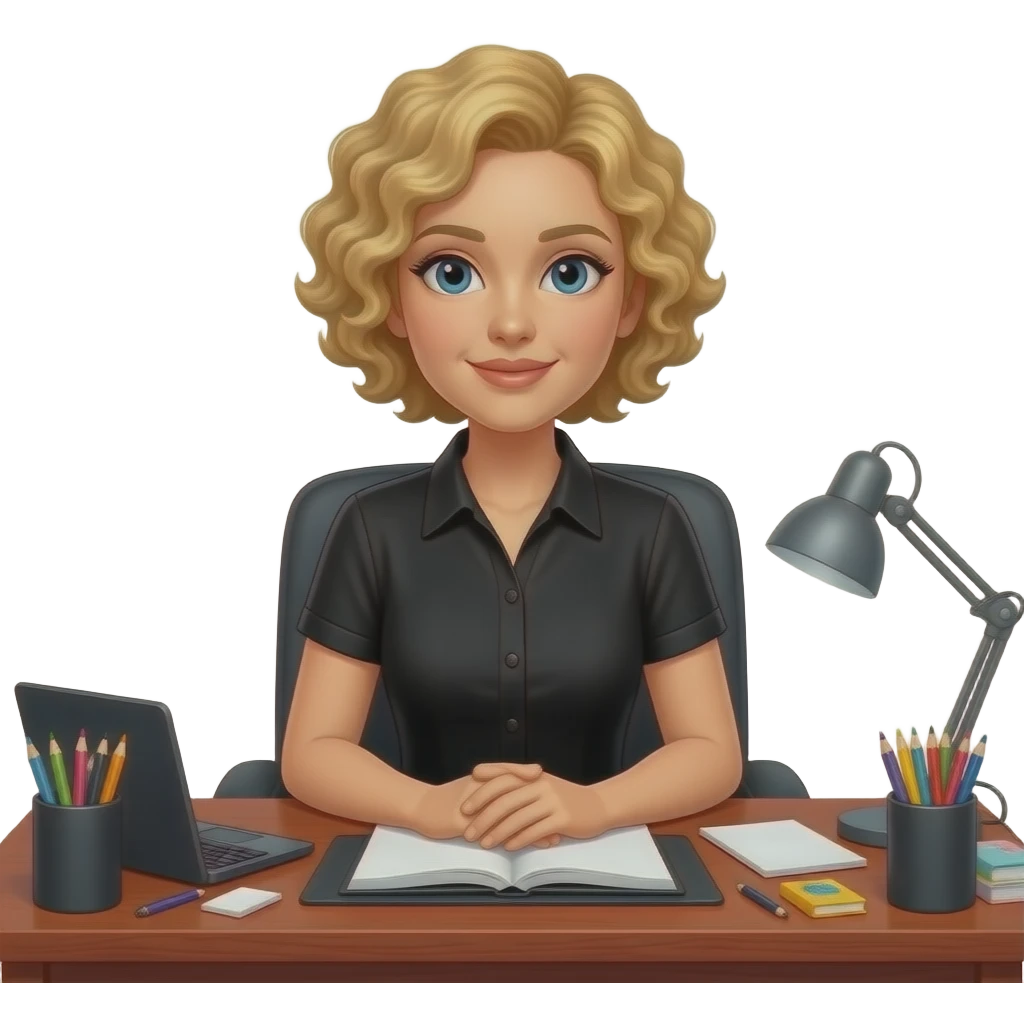 short blonde tight curly hair with office supplies on a red oak desk in a black short sleeve blouse emoji