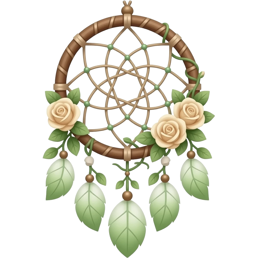 Cute dainty neat Pastel Green-white-brownish-beige-gradients dreamcatcher, pastel colors, whitish, light, green academia aesthetic, mossy, with green vines and beige roses emoji