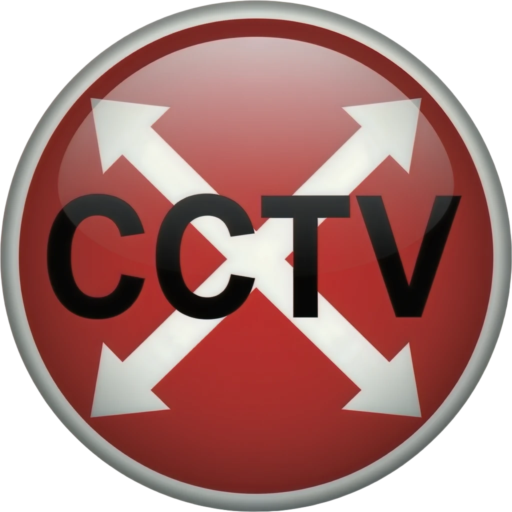 Red filled circle with white X and arrow on all end points on the X. Big CCTV word in the centre in black emoji