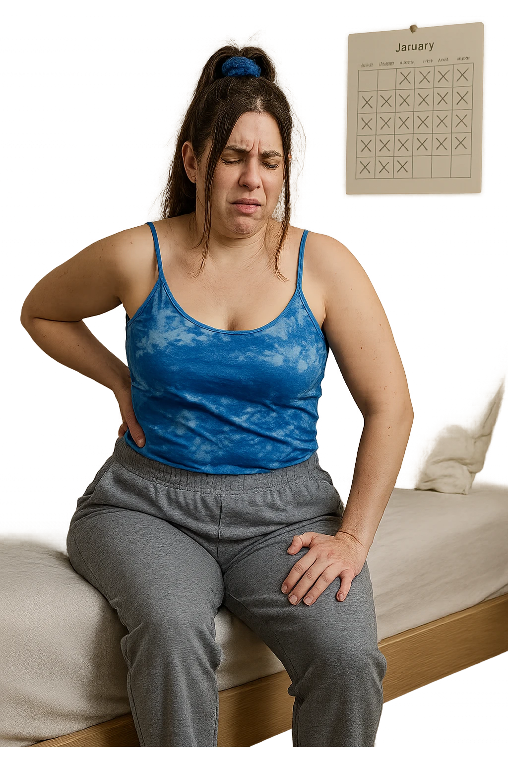 a woman in her 30s sits on the edge of her bed in the morning, holding her lower back with a pained expression. Subtle visual cues, like uneven shoulders or hips, hint at postural asymmetry. The room is softly lit, and a calendar on the wall shows months crossed off, symbolizing chronic pain over the years. emoji