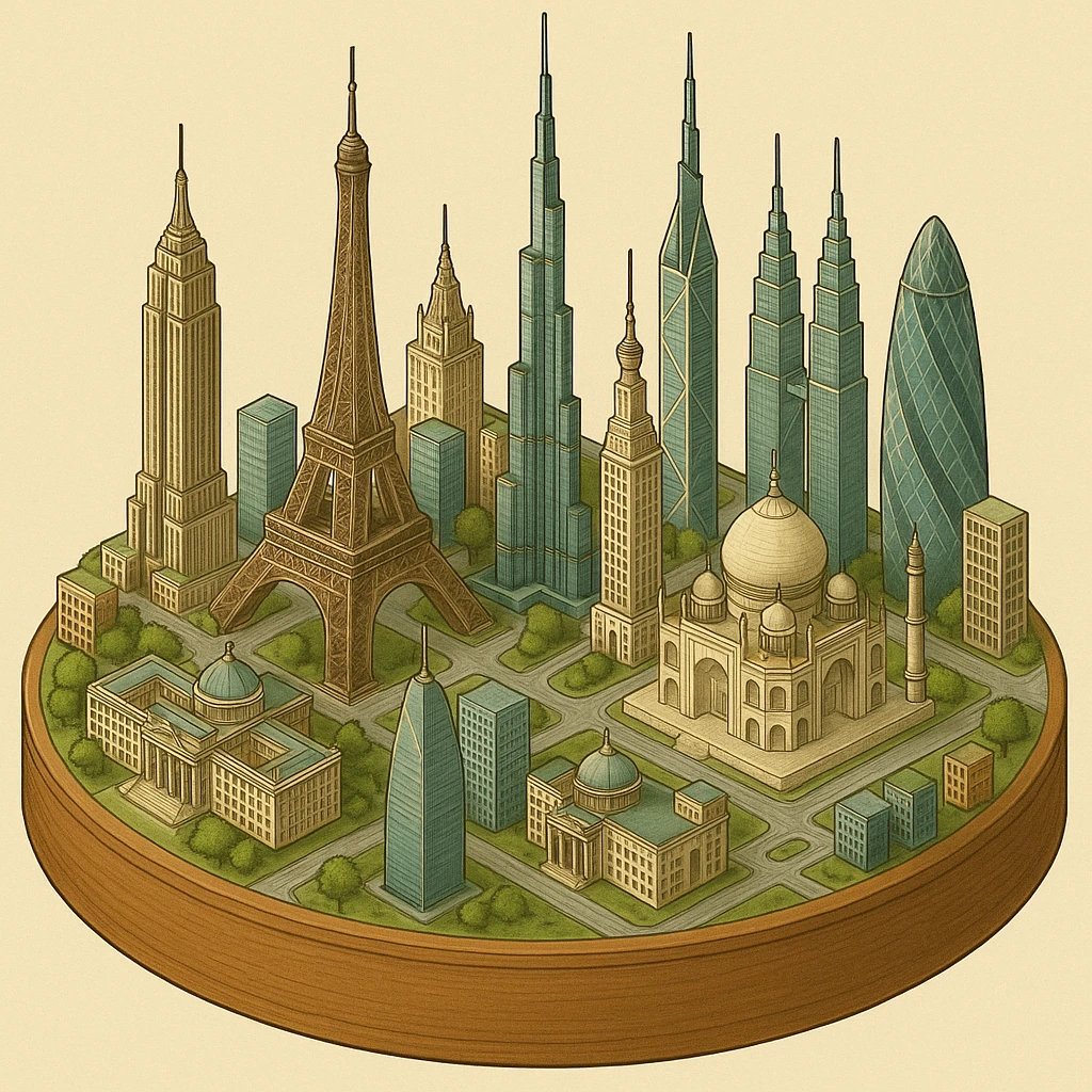 Оставь основу картинки - деревянную подставку, но при этом сгенерируй изометрическую модель города где будет самые узнаваемые здания мира Эмпайр Стейт Билдинг, Эйфелева башня, здание МГУ, Бурдж-Халифа, Башни Петронас, Небоскрёб Фостера в Лондоне, Рейхстаг, Тайбэй emoji