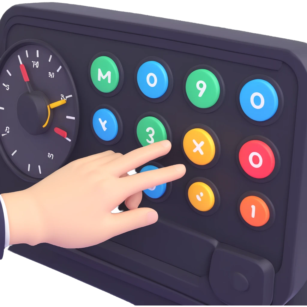 3D emoji style hand or robot hand adjusting dials on a dashboard, with icons for sales, learning, and workflow, representing AI-driven personalisation for individual strengths emoji