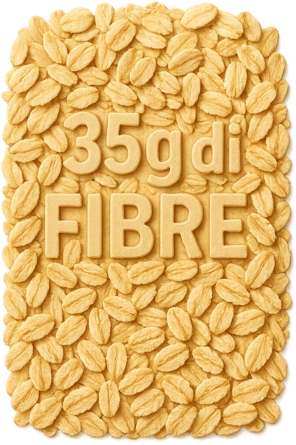 FIOCCHI DI AVENA VISTI DALL'ALTO E LA SCRITTA "35g di FIBRE" IN RILIEVO, IPERREALISTICO 4K emoji