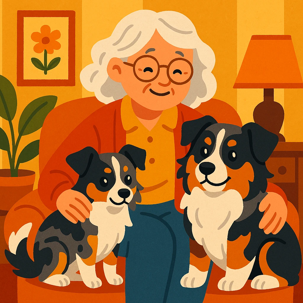 gentle grey-haired woman with two mini Australian shepherds, a petite dainty girl dog and a sturdier boyish male, all together in a cozy, warm scene emoji