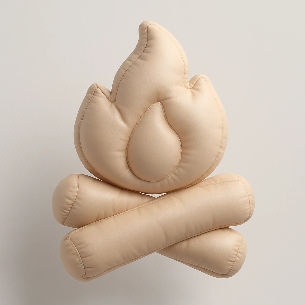 aesthetic campfire icon, smooth organic 3D style, soft beige color palette, minimal and elegant, not blocky, rounded shapes, soft lighting emoji