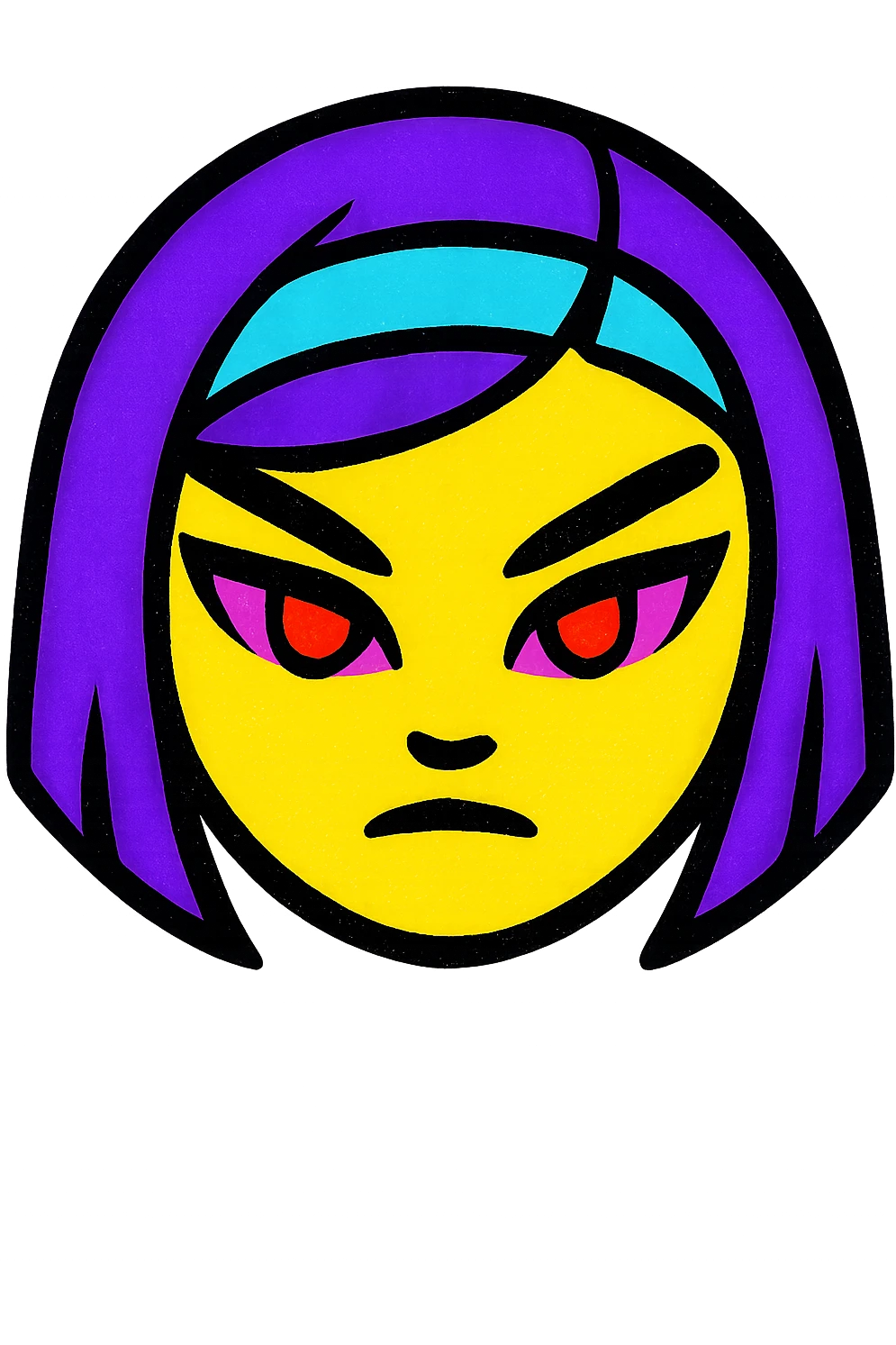 fierce K-pop warrior girl emoji face with sleek violet hair in a sharp bob, glowing red almond-shaped eyes, bold eyeliner, calm but intense expression, modern pop-art style emoji