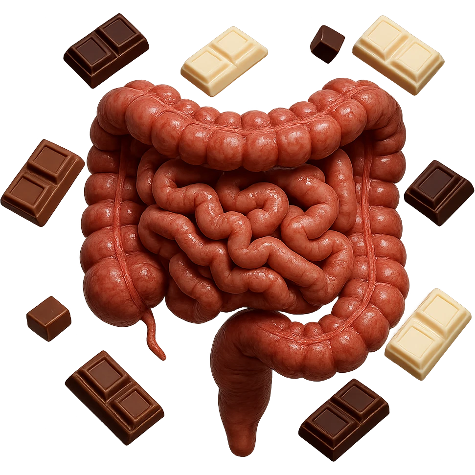 pezzetti di cioccolato fondenti, al latte e bianchi fluttuano intorno ad un intestino umano anatomico realistico, IPERREALISTICO 4K emoji