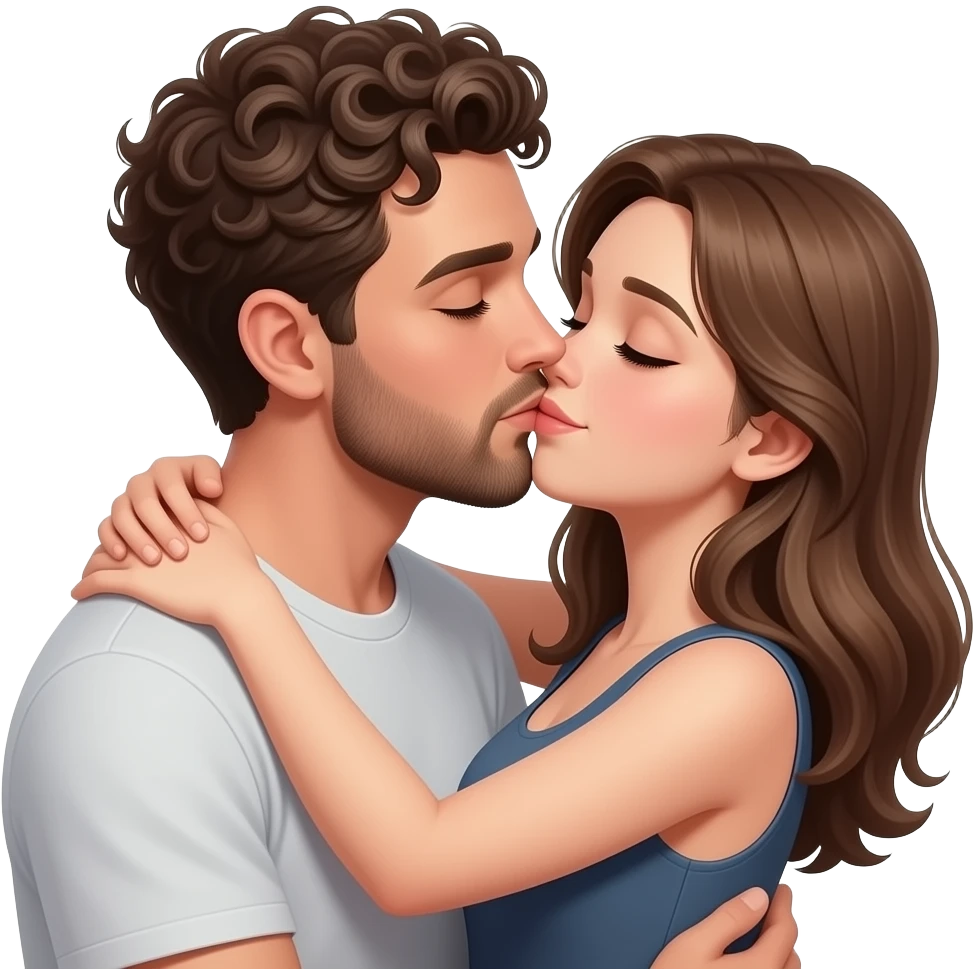 Realistic white man brown super short curly hair with beard kissing passionately and hugging realistic white girl brown hair emoji