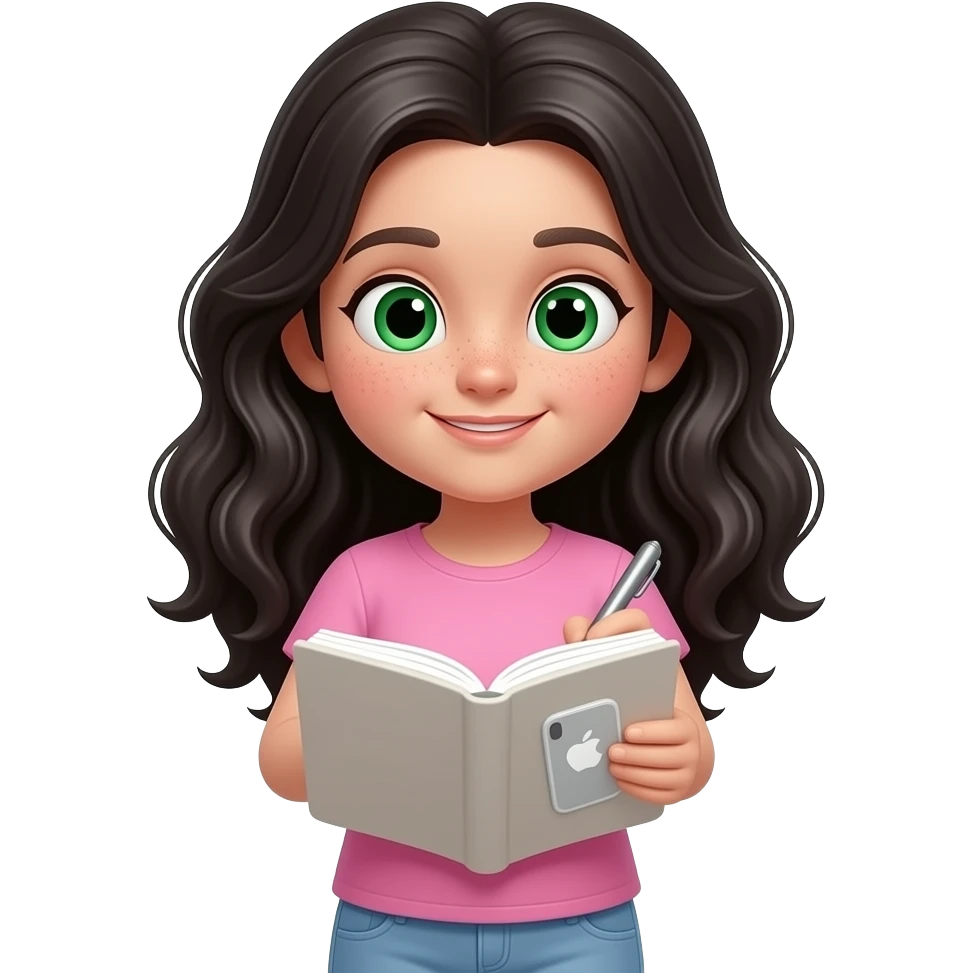 young girl, green eyes and freckles black waves long hair, pink complete top and leggingg, light skin, 3d realistic, iphone emoji,writes a diary emoji