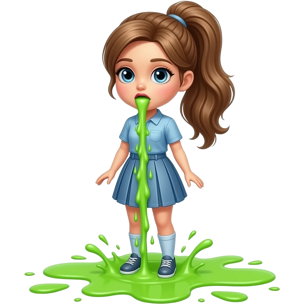 A full-body doll with a pretty ponytail is vomiting neon green through her mouth, spewing it out onto the floor at her feet niagara emoji