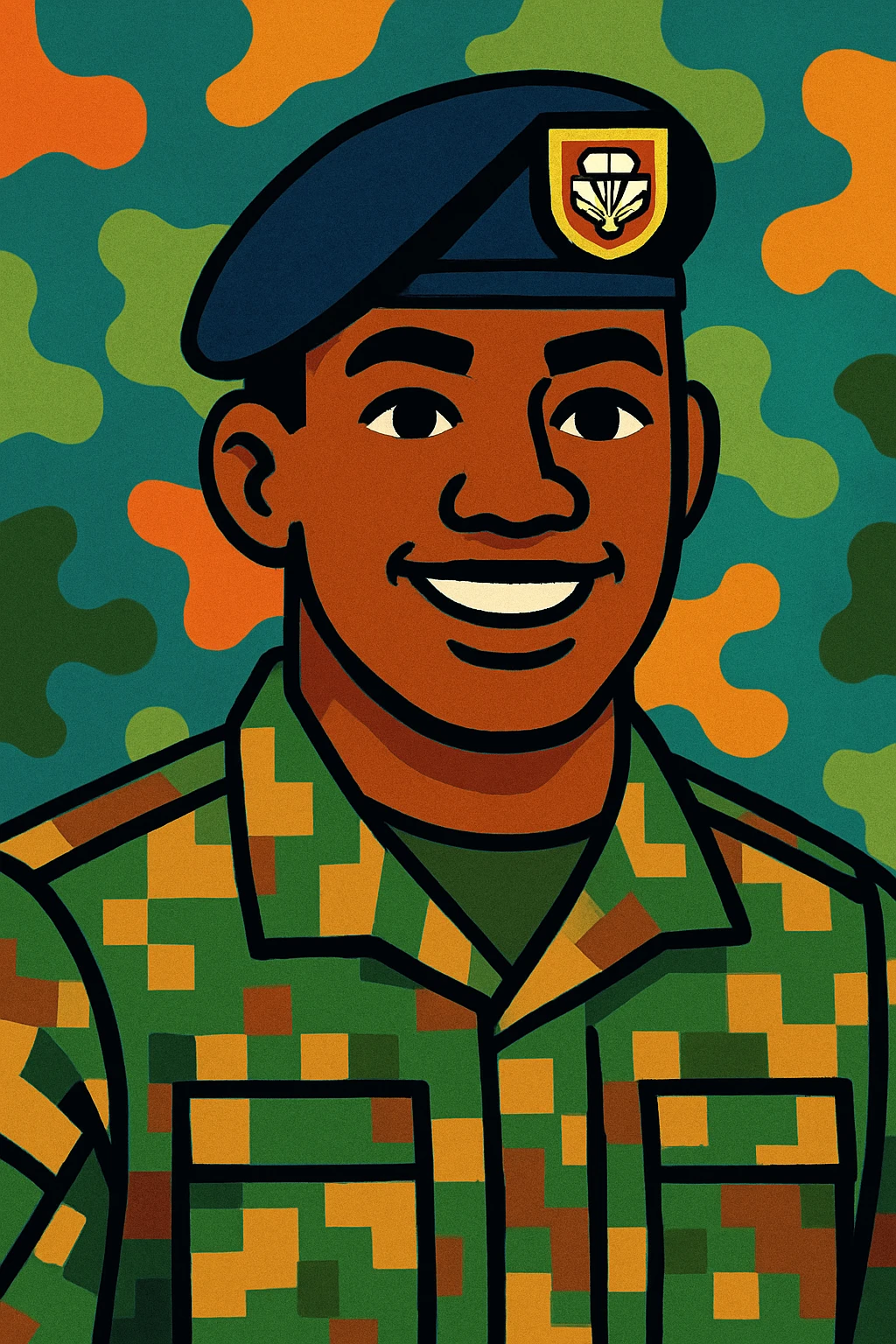 militar con uniforme pixelado boscoso, boina negra con emblema paracaidista, piel morena emoji