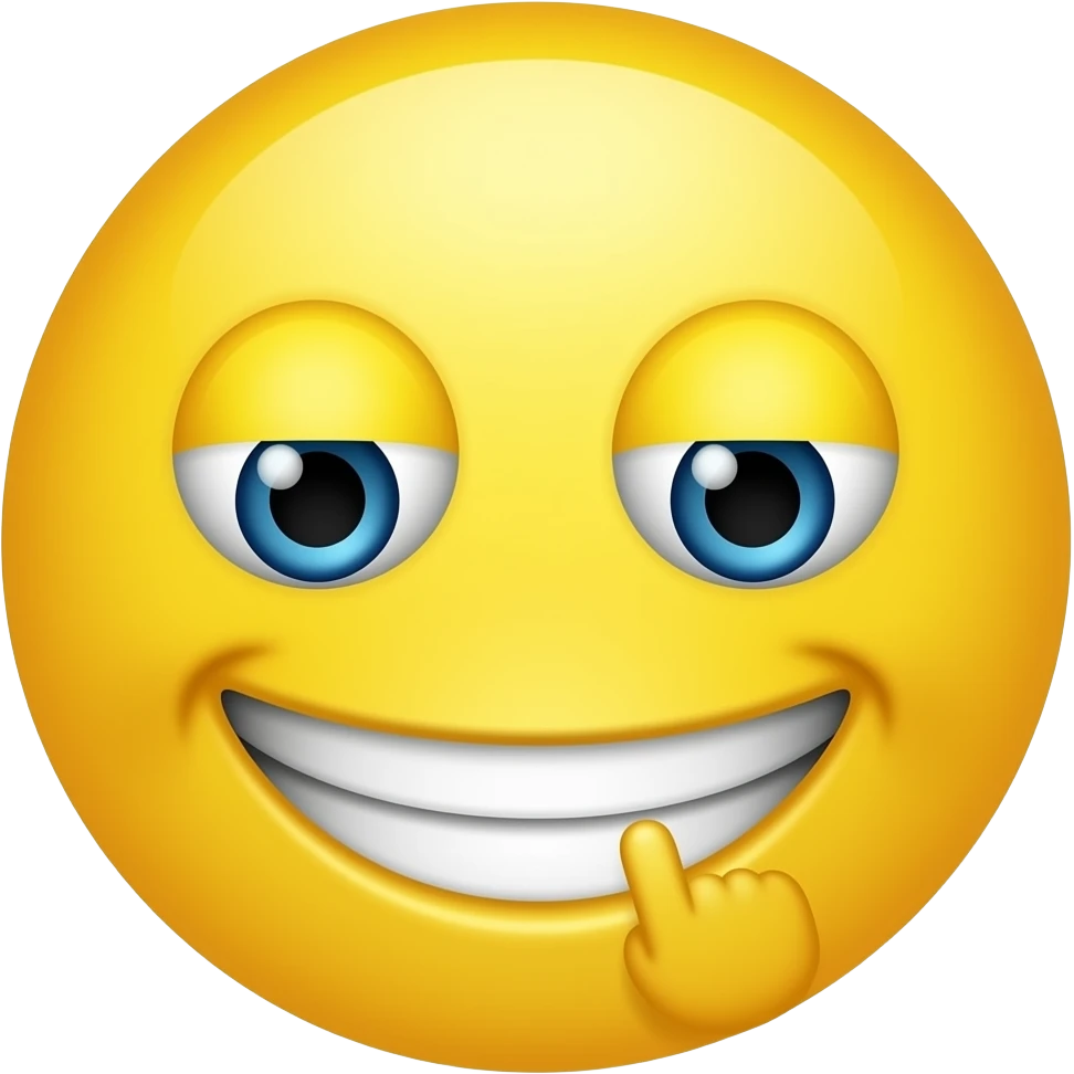 Eyes open looking down A smug yellow face smiling grinning cheeky with finger in mouth smiling showing teeth grinning happy but cheeky vibe emoji