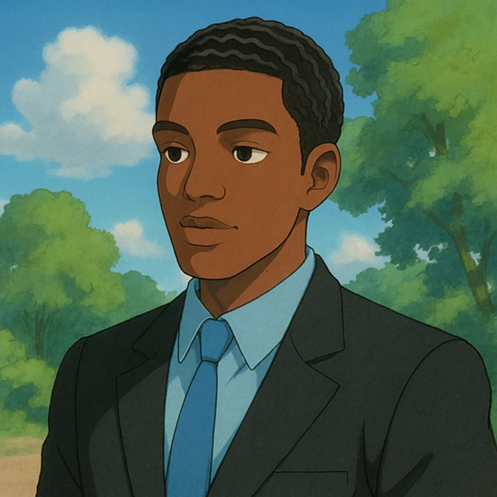 male Afro-American with waves hairstyle, black suit, and light blue shirt, semi-realistic ghibli-inspired style emoji