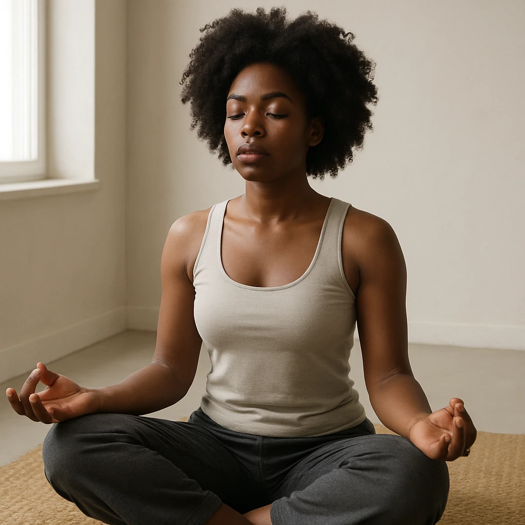 realistic style portrait of a black woman meditating, in a minimalist interior with natural light emoji