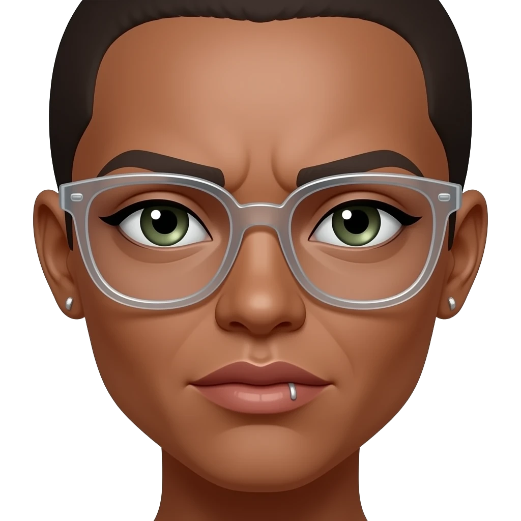 De ella solo se muestra la cara. Es de piel morena y de estilo 3d. Tiene arito en cada oreja. Tiene un pequeño piercing en un costado del labio.Tiene lentes tranparentes. Tiene ojos verdes claro con cejas poquito frunzidos. emoji