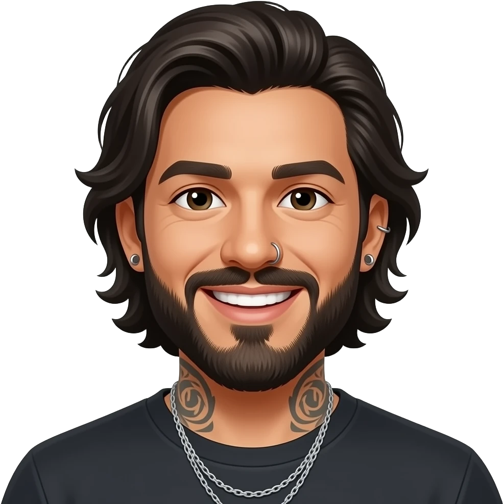 The handsome Latino podcast host with medium length hair, a long beard and tattoos with his ears pierced and a nose ring on the right side, smiling emoji