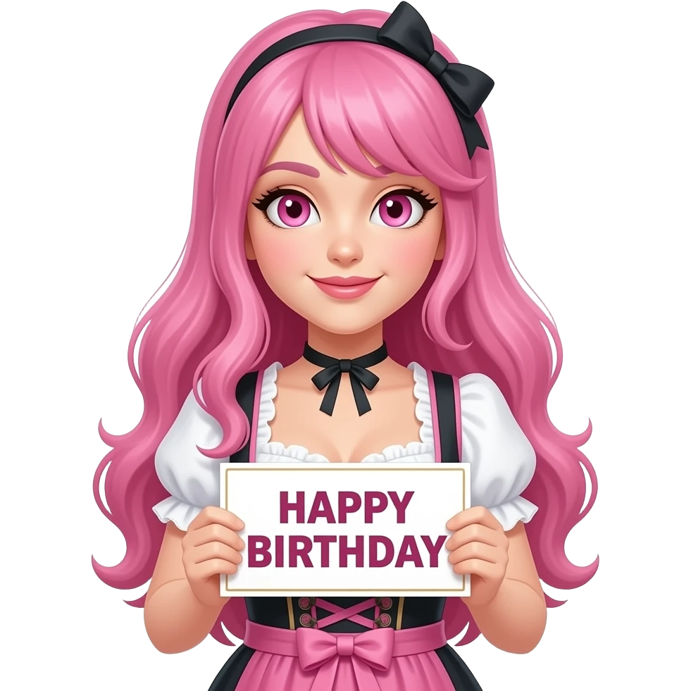 sexy girl with long pink hair and pink eyes wearing a dirndl holding a HAPPY BIRTHDAY sign emoji