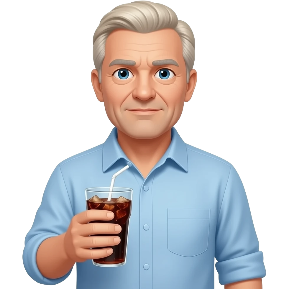 show me a pale white man in his 60s in a light blue button down shirt-- clean shaven -with blond salt and pepper hair holding a cup of soda -- make him not as attractive emoji