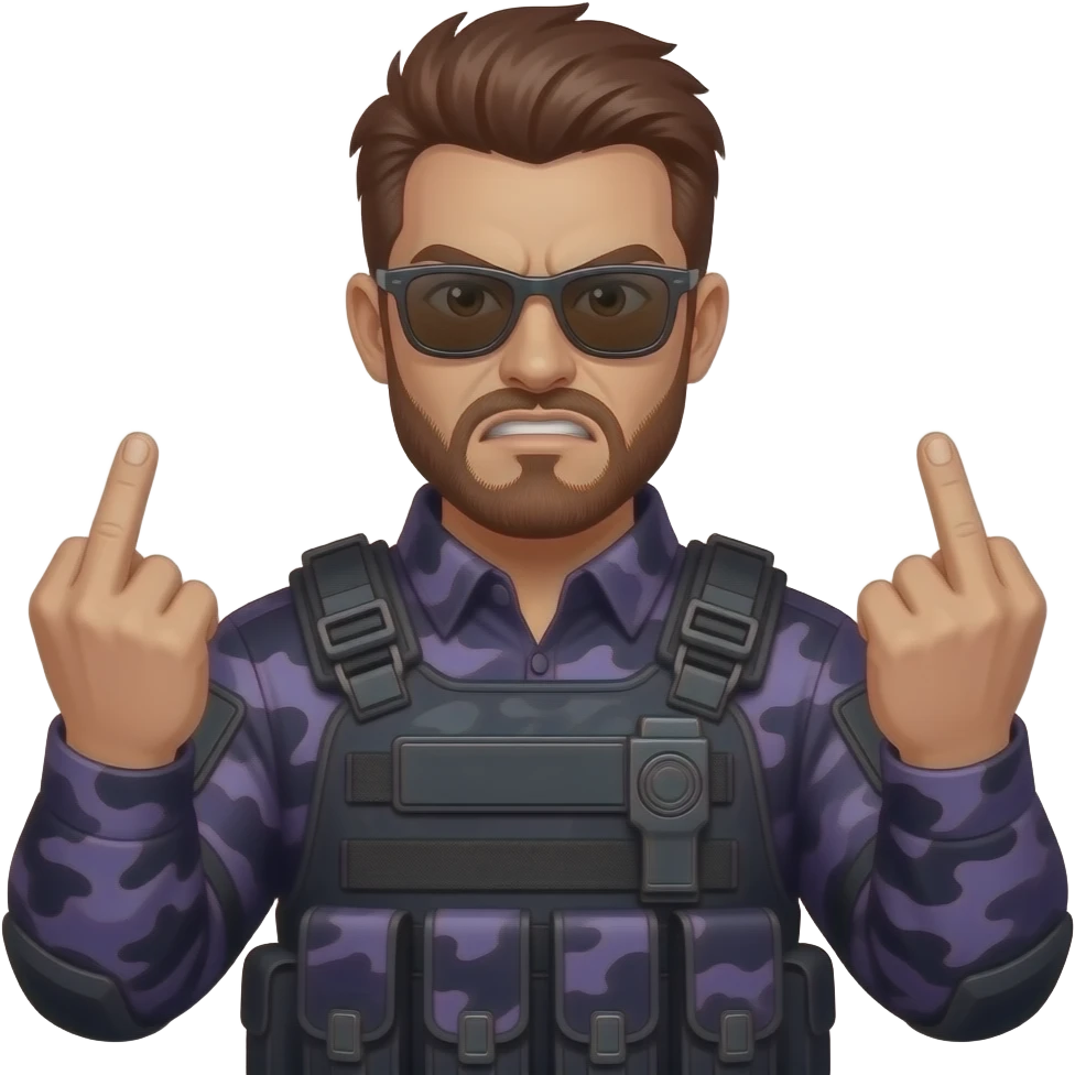 Angry Man with dark reddish brown hair a five o clock shadow beard brown eyes  sunglasses and dark purple camoflage tactical gear giving the finger two times emoji