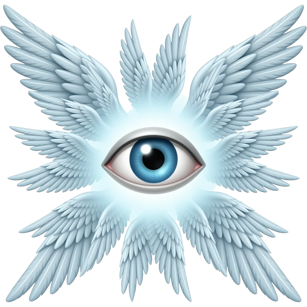 single eye in the center, surrounded by many wings, symmetrical, divine, glowing, minimal emoji style emoji