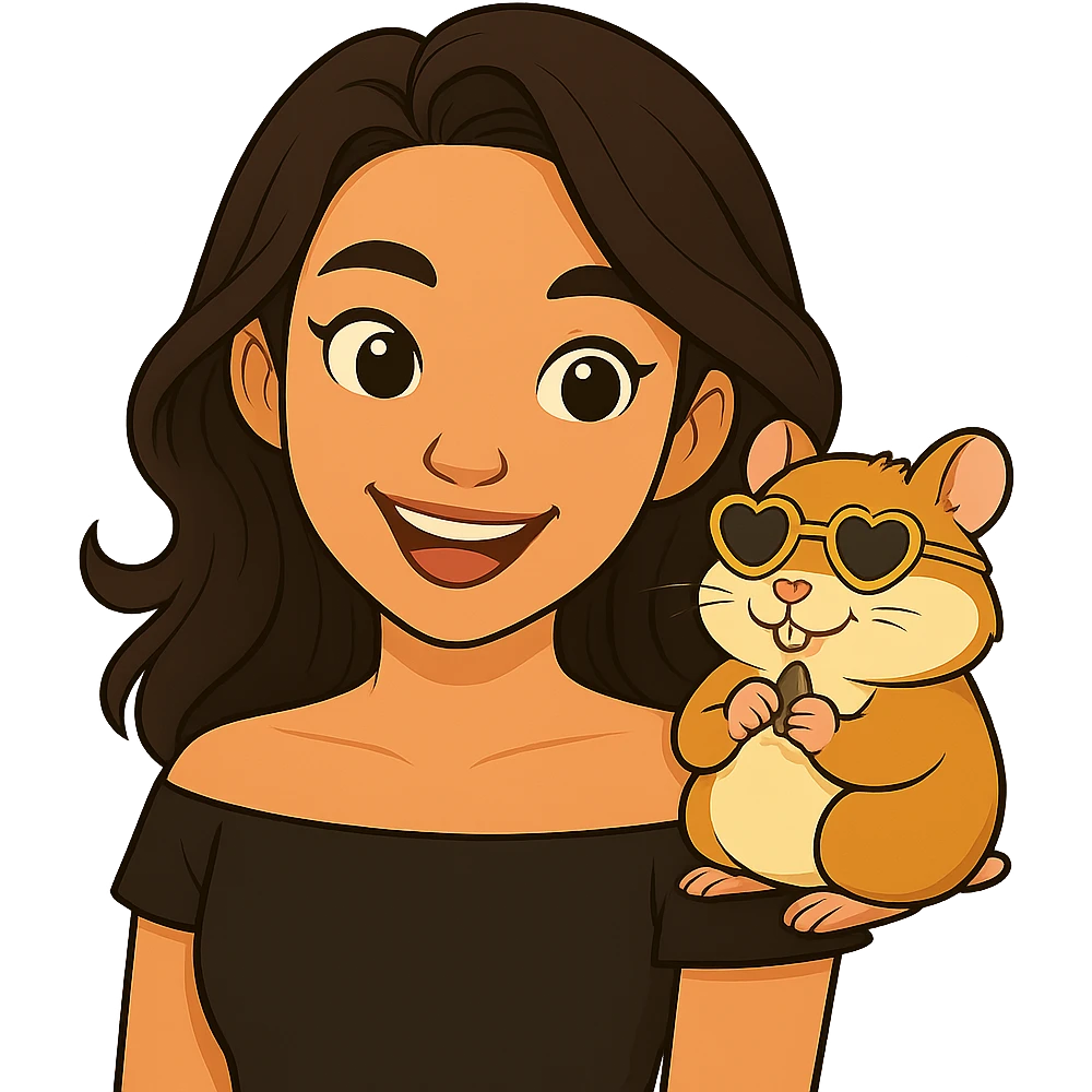 Remove the background and make it transparent. Keep the woman and her hamster with heart-shaped sunglasses as the focus, maintaining a modern, clean, warm style. emoji
