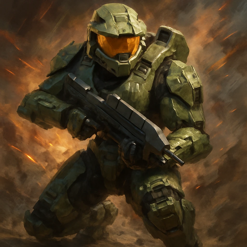 Master Chief, Halo, crouched with assault rifle, green armor, reflective gold visor, action pose emoji