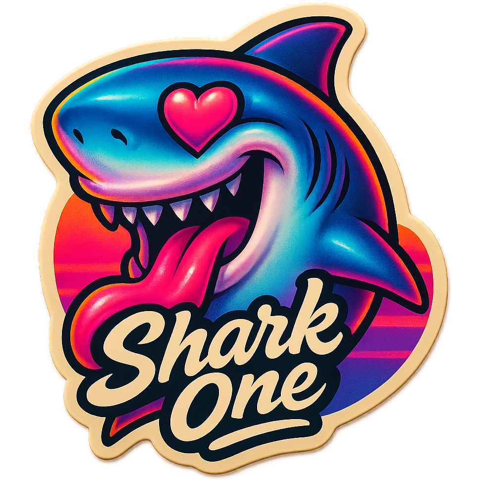 tongue out heart shaped eye add the words “ Shark One " in White emoji