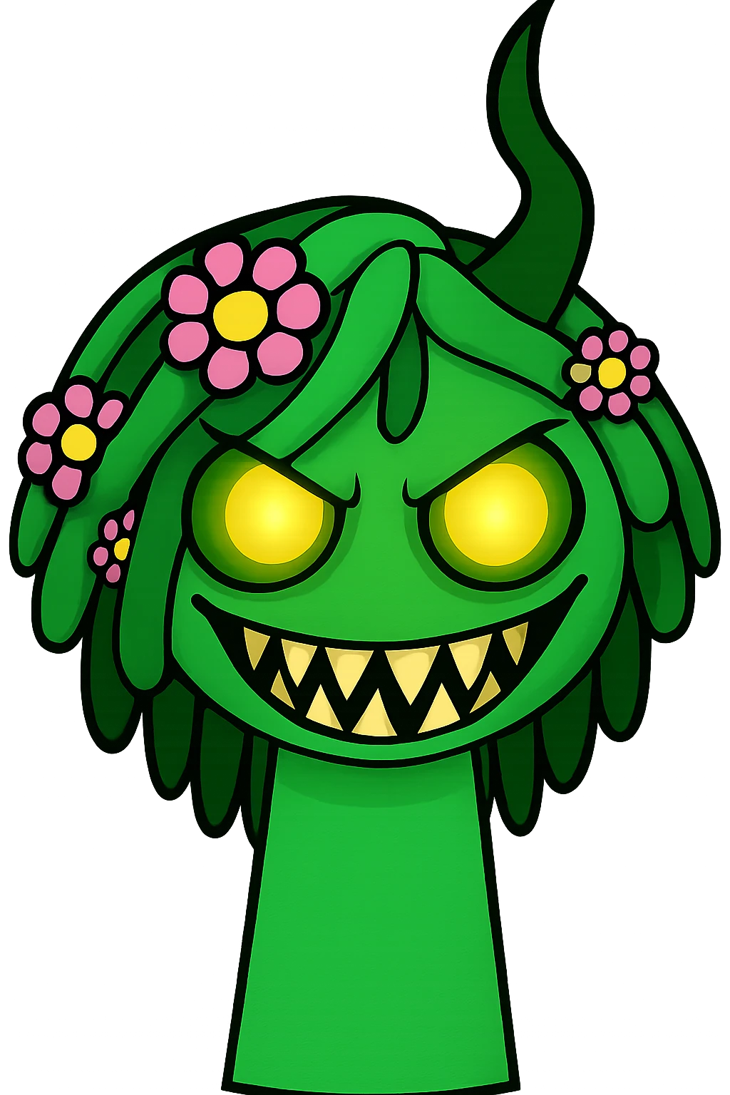 Change the green character with flower hair to a scary expression, with glowing eyes, sharp teeth, and a creepy smile. Keep the transparent background. emoji