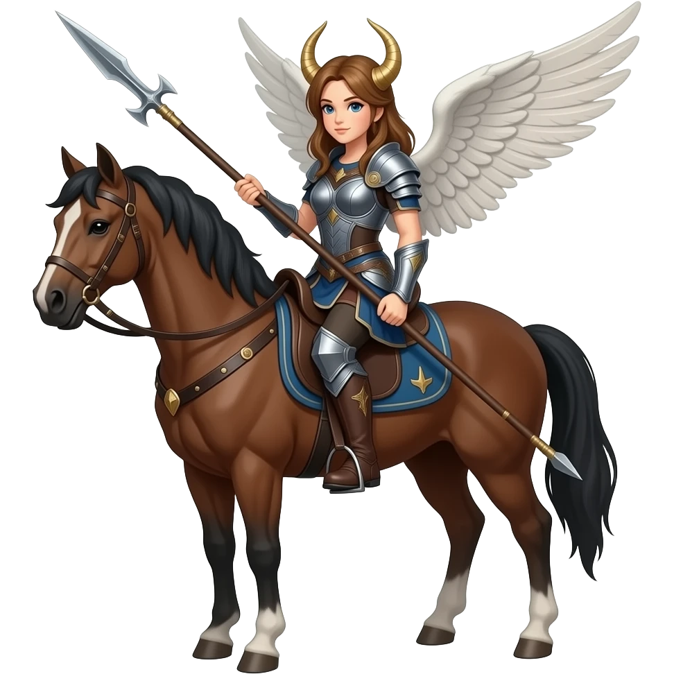 valkiria en caballo, alas en la cabeza, lanza, cabello café, cuerpo completo emoji