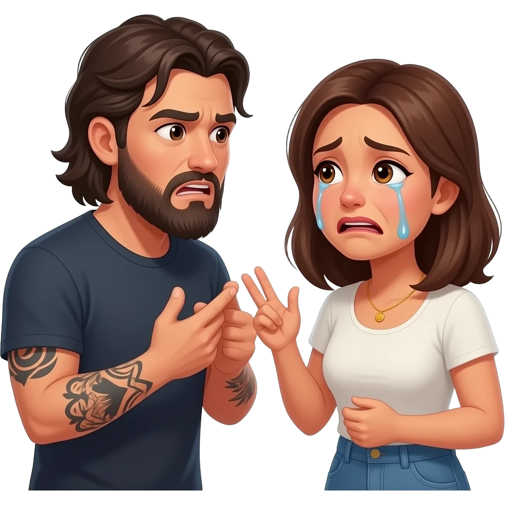 A really, really sad but they are always arguingLatino couple man has a beard, medium hair and tattoos and his wife is beautiful with hazel eyes and shoulder length brown hair and their relationship is broken and somebody’s always storming out of the house and the other one is left crying emoji