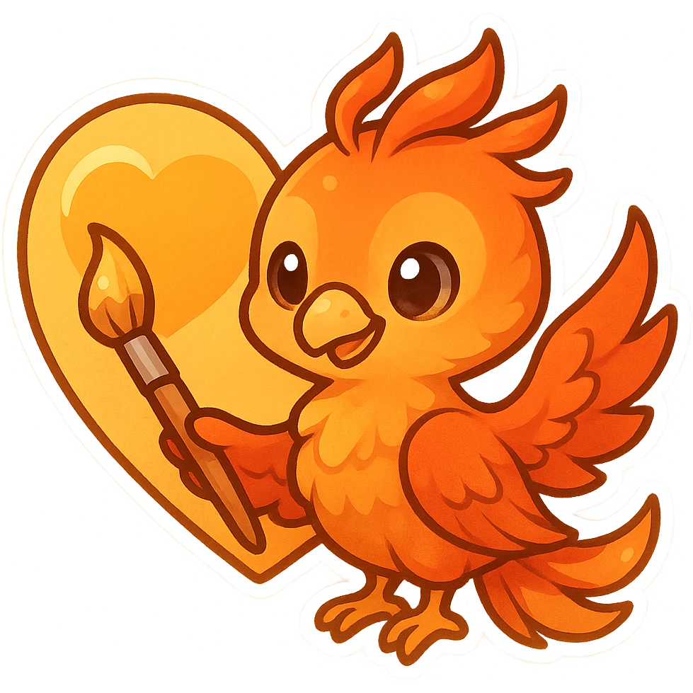 A phoenix holding a brush, painting inside a heart-shaped emoji, bright and warm tones, cheerful style emoji