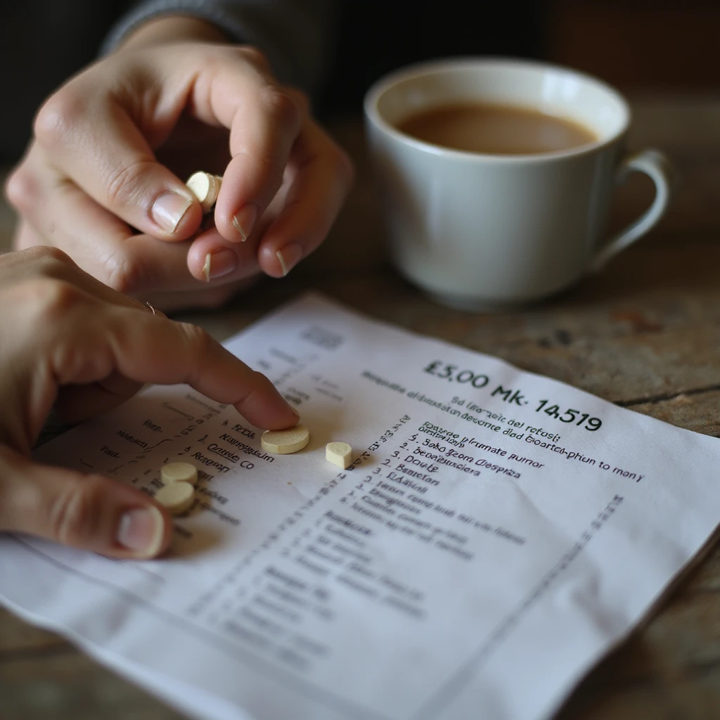 realistic early morning scene at 5:00 AM, close-up of hand taking pills next to a cup of coffee and a medication schedule in Italian, morning routine emoji