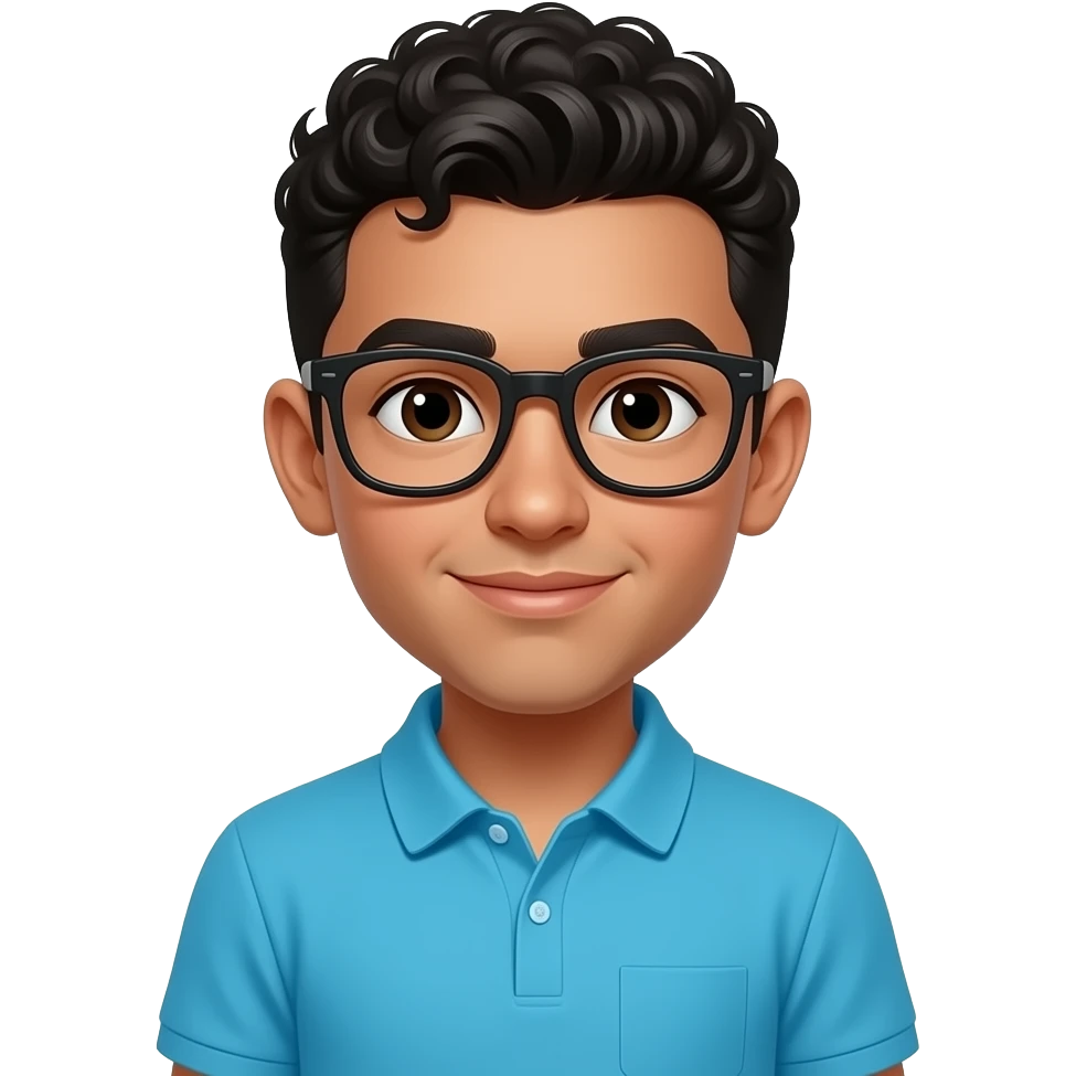 A boy with a Arab skin, black and verry verry short hair,and a bleu cyan polo And with glasses black and with curl hair emoji