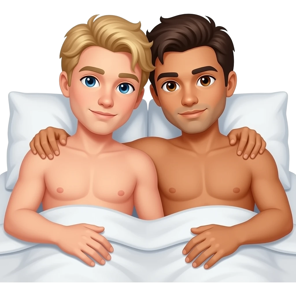 Make a gay couple on a Date , one has light Skin with Blond Hair and Blue Eyes, the other one has slightly brown skin witz dark Brown Hair and Brown Eyes. They are laying together in a Bed shirtless. emoji