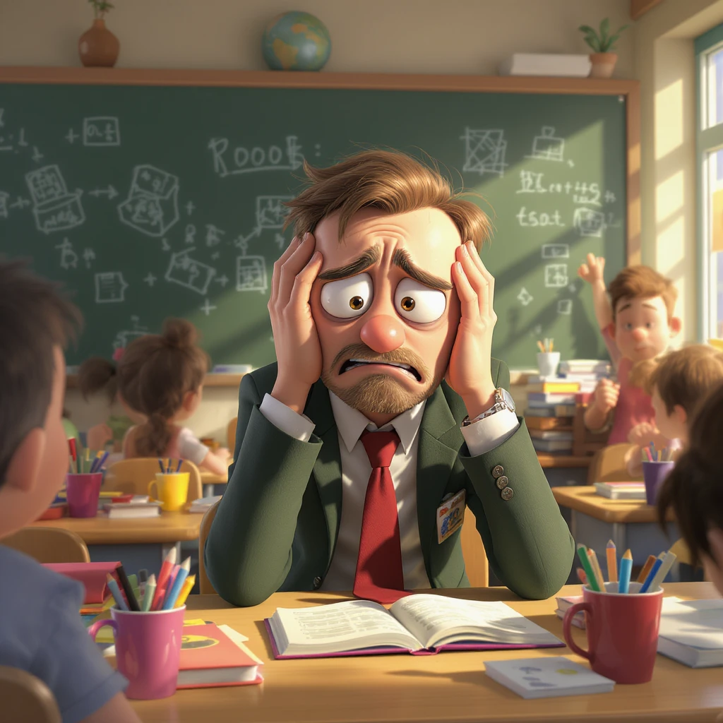 digital 2d cartoon art of a exhausted teacher in a bustling classroom emoji