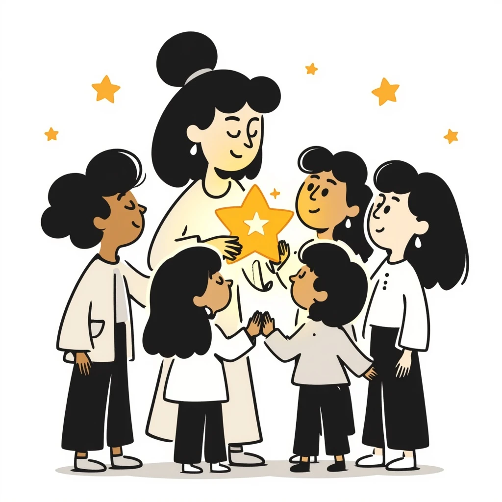 hand-drawn warm illustration of a kind teacher holding a glowing star, with students gathered around, feeling safe and inspired emoji