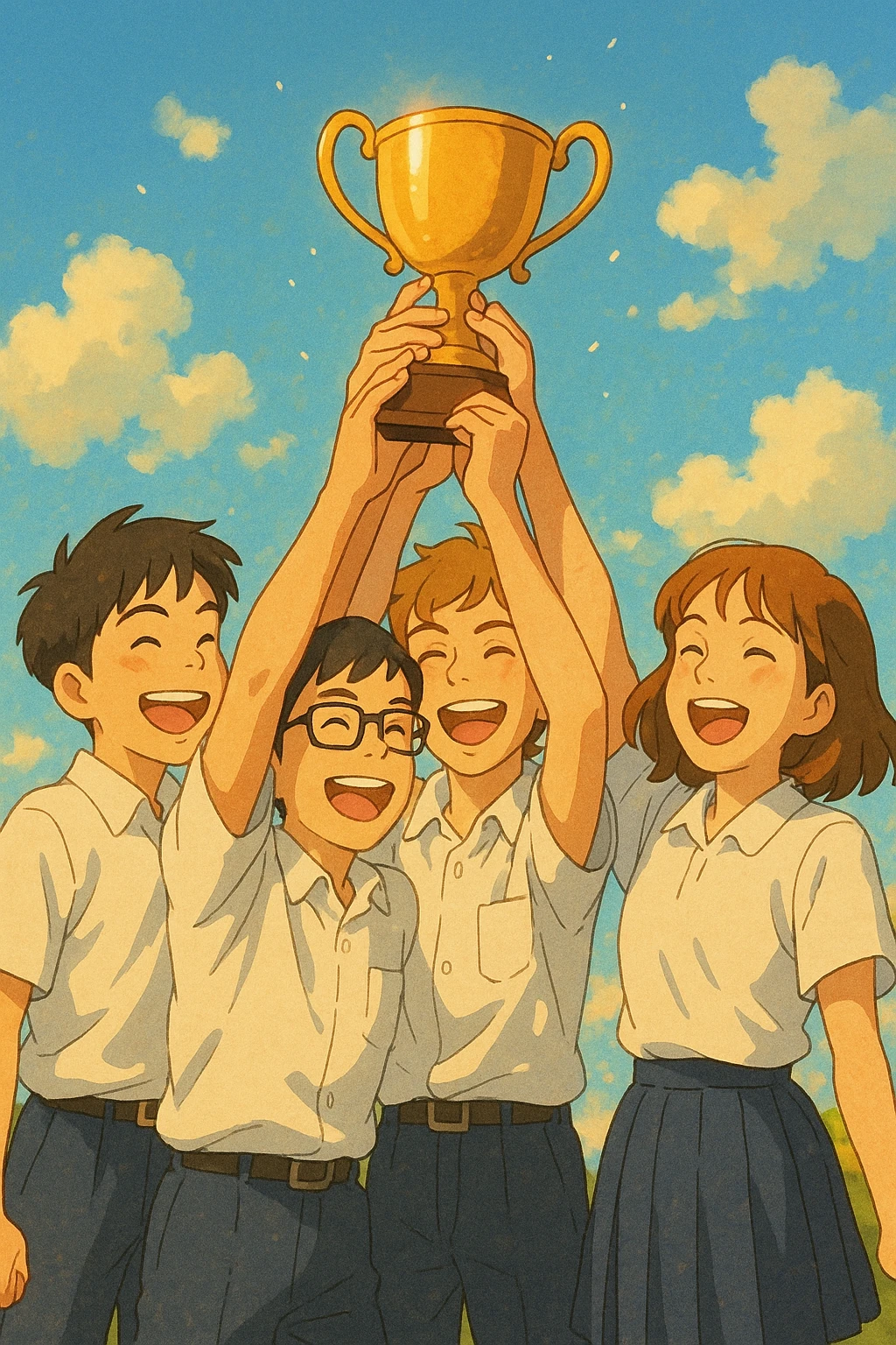 quatre étudiants inspirés des photos de référence, ambiance chaleureuse, tous ensemble soulèvent un trophée, fond lumineux et joyeux emoji