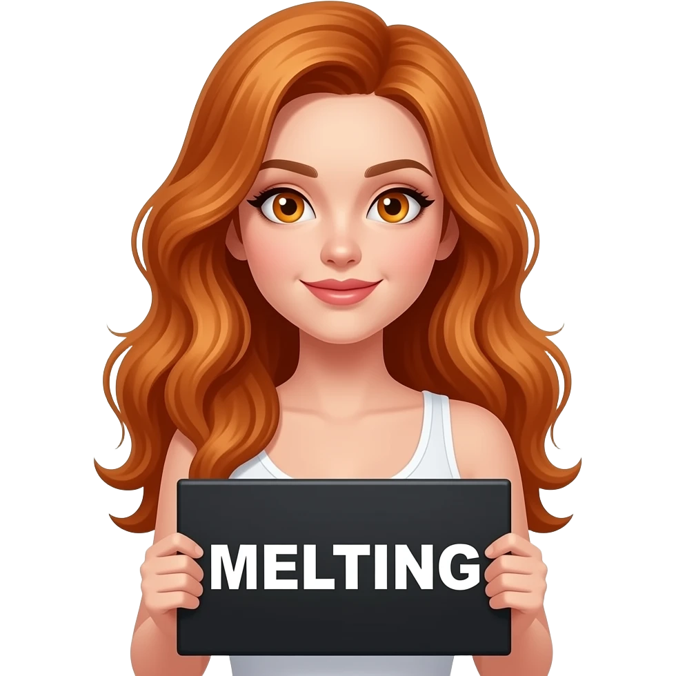 sexy girl with long wavy ginger hair and ginger eyes wearing a white tanktop is holding a black colored sign with MELTING written on it emoji