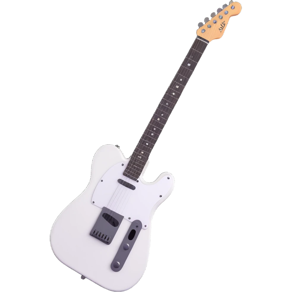 A white body Telecaster type guitar with a black pickguard, shown fully and arranged to be visible entirely. Designed in a 3D emoji style with a simple and friendly atmosphere, no background, suitable for icon use. emoji