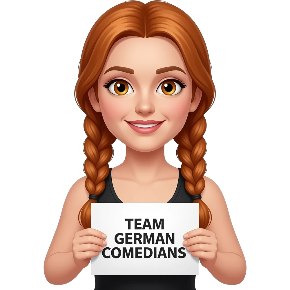 sexy girl with long ginger braids and ginger eyes wearing a black tanktop is holding a white sign with TEAM GERMAN COMEDIANS written on it emoji