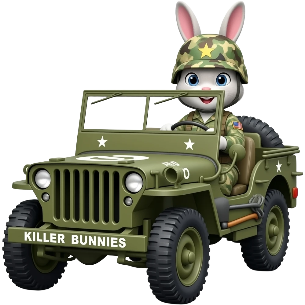 bunny in army fatigues driving a jeep  text Killer Bunnies on bumper emoji