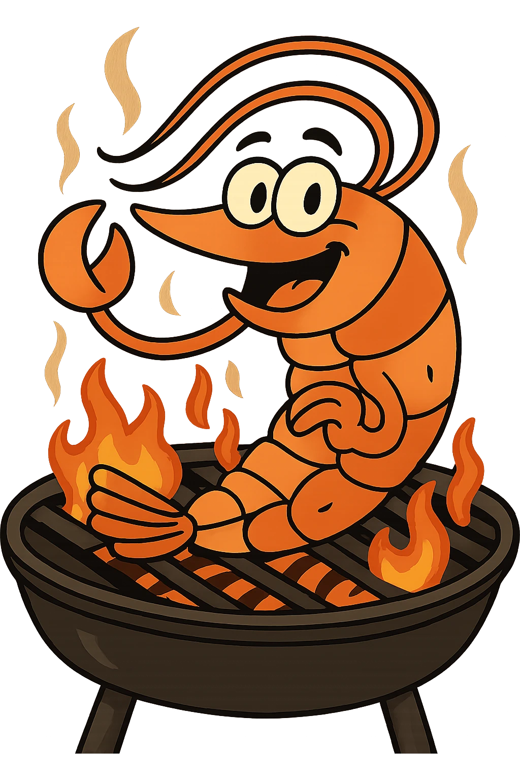A cartoon style shrimp on a barbecue grill with no background, playful and colorful illustration. emoji