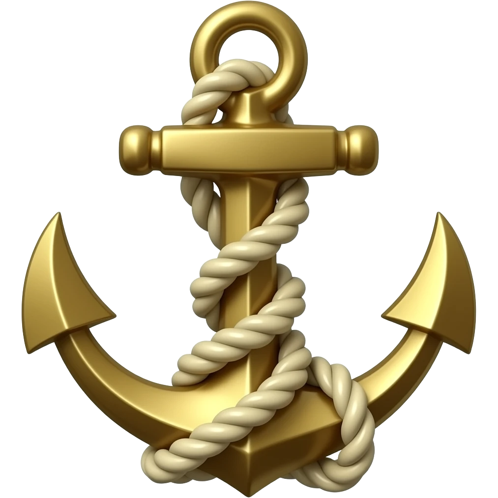 Ultra-realistic 3D bronze/brass anchor with beige rope wrapped around, detailed texture, soft reflections, studio lighting, minimal light background, centered composition. emoji